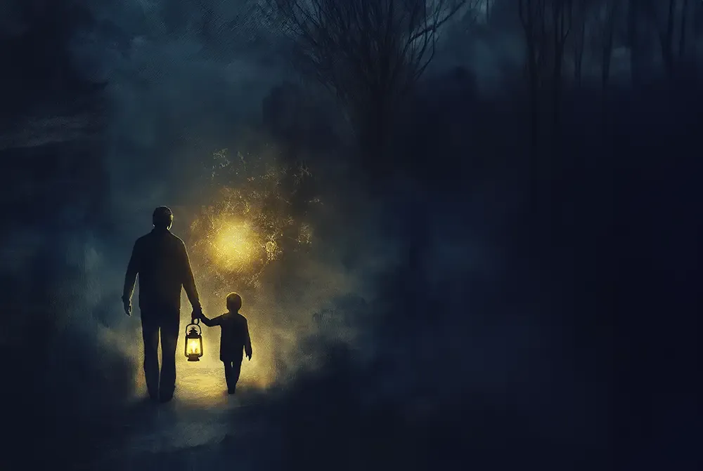 Father walking child toward the light while carrying a lantern