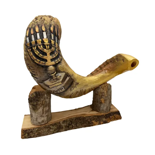 Engraved Ram’s Horn Shofar Menorah