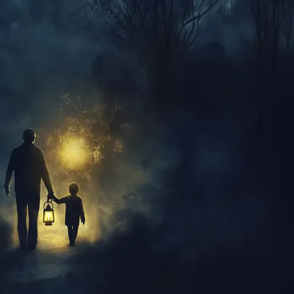 Father walking child toward the light while carrying a lantern