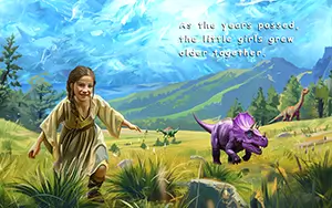 Full color image from children's Christian book called A Girl and Her Dinosaur by Micah Van Huss